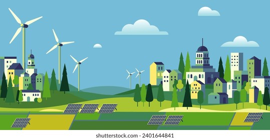 Minimalistisches geometrisches Ökosystem- und Grünenergiekonzept, Stadtlandschaftsgrafik, Vektorgrafik mit Gebäuden, Hügeln, Bäumen, Solarzellen und abstrakten horizontalen Bannern und Hintergrund