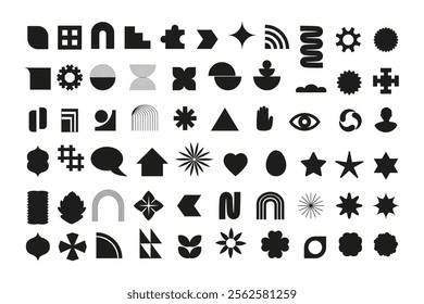 Minimalist geometric elements collection, abstract hand drawn Bauhaus forms and basic shapes. Simple trendy graphic element vector set. Black flat silhouettes.