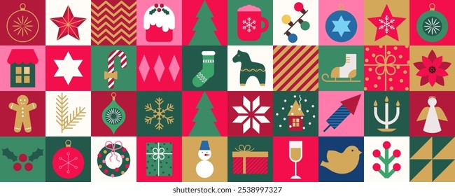 Minimalist geometric elements and icons. Merry Christmas template background. Abstract trendy banner in simple flat design. Holiday decoration. Vector illustration.
