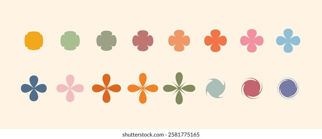 Minimalist geometric elements set, abstract bauhaus forms, groovy colors. Simple flower shape, basic form, trendy modern graphic element vector set