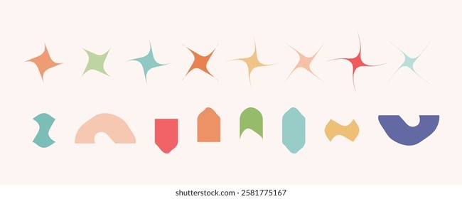 Minimalist geometric elements set, abstract bauhaus forms, groovy colors. Simple distorted star shape, basic form, trendy modern graphic element vector set