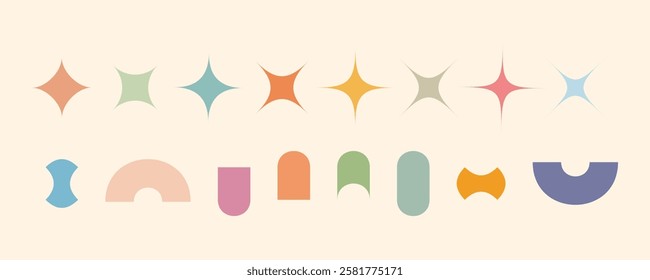 Minimalist geometric elements set, abstract bauhaus forms, groovy colors. Simple star shape, basic form, trendy modern graphic element vector set