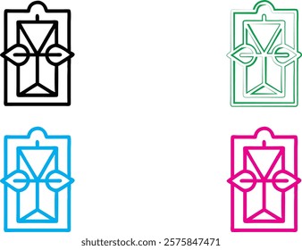 Minimalist geometric face design, stylized angular features, rectangular outline, symmetrical abstract portrait, bold line art, simple graphic icon, monochrome variations, black green blue pink color 