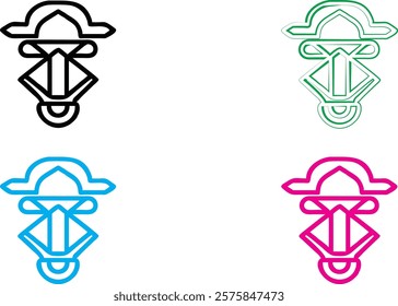 Minimalist geometric face design, stylized angular features, rectangular outline, symmetrical abstract portrait, bold line art, simple graphic icon, monochrome variations, black green blue pink color 