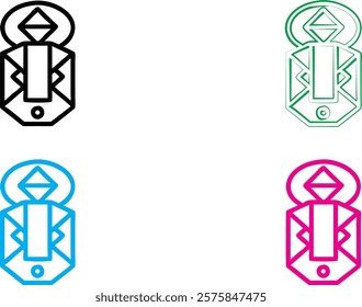 Minimalist geometric face design, stylized angular features, rectangular outline, symmetrical abstract portrait, bold line art, simple graphic icon, monochrome variations, black green blue pink color 