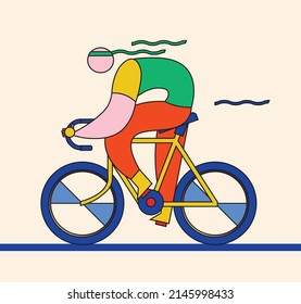 Minimalist geometric flat style vector illustration of a cyclist on bike, 1980's retro aestetics sport icon, flat character riding a bicycle, stylized logo