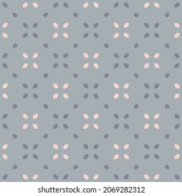 Minimalist geometric floral pattern. Vector seamless background with small flowers, leafs in regular grid. Simple minimall ornament in soft pastel colors, blue and pink. Abstract repeated texture 