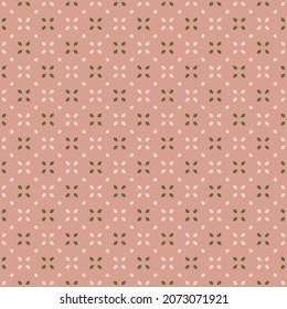 Patrón floral geométrico minimalista. Vector de fondo sin fisuras con flores pequeñas, hojas en rejilla regular. Un decorado minimalista sencillo. Textura rosa y verde abstracta. Repetir el diseño para la tela, impresiones