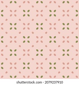 Patrón floral geométrico minimalista. Vector de fondo sin fisuras con flores pequeñas, hojas en rejilla regular. Un sencillo adorno mínimo en tonos rosa y verde. Textura floral abstracta. Repetir diseño 