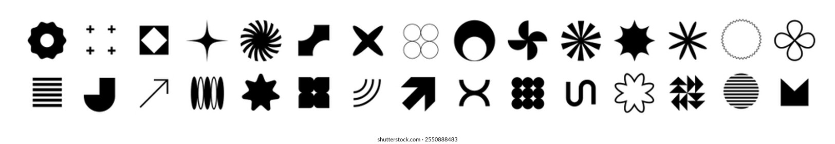Formas geométricas minimalistas con influencia brutalista, incluyendo Formas como estrellas, espirales y círculos en un elegante estilo de contorno negro.