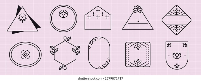 Minimalist geometric frames with floral designs. Triangles, circles, hexagons, and ovals. Simple floral motifs in each frame. Perfect for elegant designs. Element with copy space, vector set.