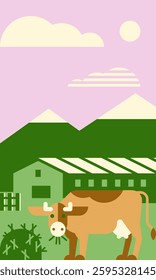 Minimalist geometric illustration of a rural farm scene featuring a brown cow grazing near a barn with green fields, mountains, and a pastel sky in the background. 