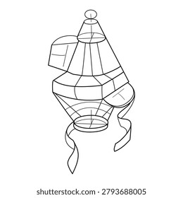 A minimalist geometric illustration showing a complex abstract technical structure composed of cone shapes cylindrical sections polygonal elements and a spiral ribbon. The form resembles a futuristic lantern or a conceptual lamp although it has no real function and exists only as an artistic abstract model. Clean black lines and a technical drawing style give the object a modern engineering and sci fi appearance. The illustration is isolated on a white background and works well for conceptual themes futuristic compositions technical design projects and contemporary visual layouts