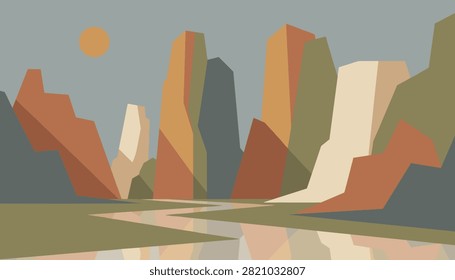 Minimalist geometric landscape of a deep canyon with a winding river reflecting the colorful cliffs and a warm sun.