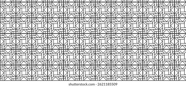 Minimalist Geometric Lattice Pattern, Interlocking Squares and Angled Lines in Dark Gray on White - Symmetrical Repeating Grid Design Background