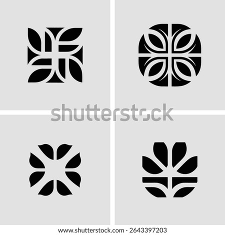 Minimalist geometric leaf-inspired designs in square and round formats on a light background