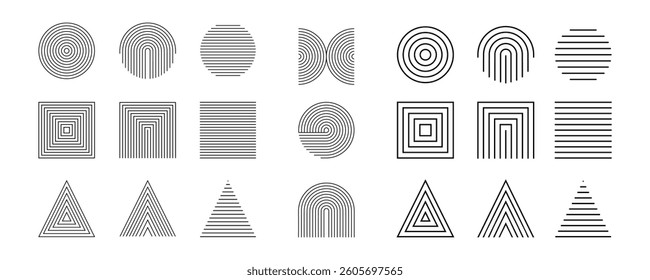 Minimalist Geometric Line Art Set – Abstract vector design featuring circles, squares, triangles, and linear patterns. Modern boho aesthetic with Bauhaus, Memphis, and Swiss influences.