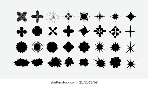 Minimalist geometric linear elements, brutalism shapes, abstract bauhaus forms. Simple star and flower shape, basic form, trendy modern outline graphic element vector set