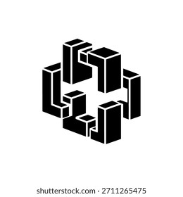 Logotipo geométrico minimalista forma de cubo impossível preto formando uma estrutura em cruz no modelo de logotipo de vetor de visão isométrica