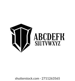 Minimalist geometric logo black shield emblem design with stylized letter set including abcdefk and slutvwxyz vector logo template
