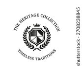 Minimalist geometric logo black and white logo design featuring a heraldic shield, crown, and laurel wreath, vector logo template