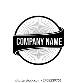 Minimalist geometric logo black and white circular badge or emblem design with sunburst rays and banner text placeholder vector logo template