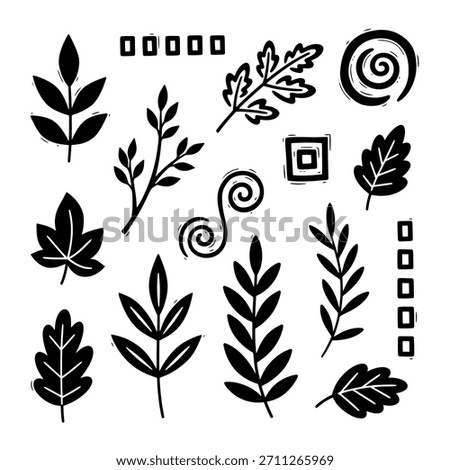Minimalist geometric logo collection of hand drawn black and white botanical leaf and nature element stamp icons vector logo template
