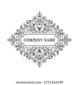Minimalist geometric logo elegant black and white vintage floral frame or crest with space for company name vector logo template