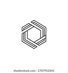 Ein minimalistisches geometrisches Logo mit einem Sechseck, das aus ineinandergreifenden parallelen Linien aufgebaut ist und ein modernes und abstraktes Design schafft.