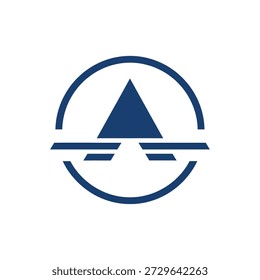 Minimalist geometric logo featuring solid triangle atop horizontal lines contained within a broken circle suggesting balance stability and ascent