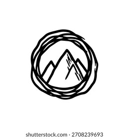 Logotipo geométrico minimalista de la cordillera dibujada a mano dentro de un marco circular áspero, Plantilla simple del logotipo del Vector del diseño del logotipo en blanco y negro