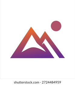 A minimalist geometric logo of a mountain range with a rising sun in a warm purple and orange gradient, suggesting a new dawn or travel.