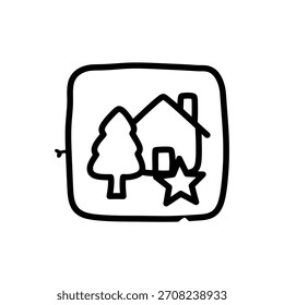 Logotipo geométrico minimalista simple icono de línea en blanco y negro que representa una casa, árbol y estrella dentro de un marco cuadrado redondeado, Plantilla de logotipo de Vector
