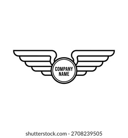 Minimalist geometric logo simple black and white outline emblem design featuring wings flanking a central circular badge vector logo template