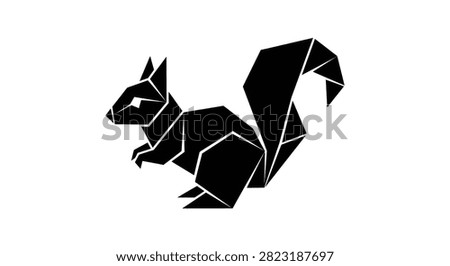 Minimalist geometric origami style squirrel illustration presented as a bold black and white graphic design silhouette