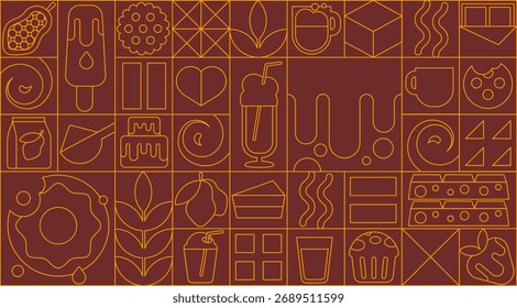 Patrón geométrico minimalista para chocolate. Moderno diseño de mosaico con cacao lineal y Elementos dulces. Fondo art deco en una Ilustración vectorial