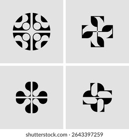 Minimalist geometric pattern designs in black and white on a soft gray background