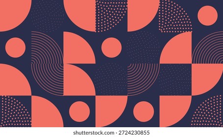 Um padrão geométrico minimalista com círculos de cor coral e arcos de quarto de círculo em um fundo azul escuro, com texturas pontilhadas e forradas.