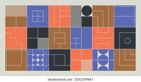Minimalist geometric pattern with squares, circles and lines in Brutalist aesthetic