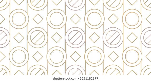 Um padrão geométrico minimalista com um fundo branco. Ele mostra um arranjo repetitivo de grandes círculos intersetados por linhas diagonais e diamantes menores.