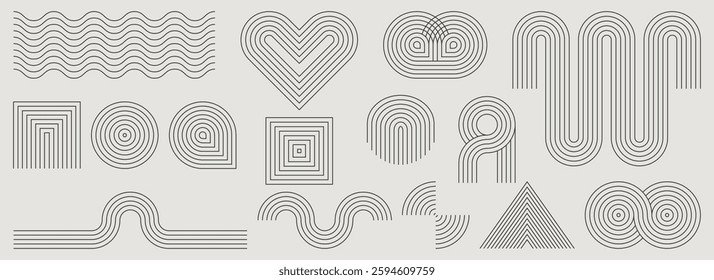 Minimalist geometric patterns - concentric circles, squares, heart, waves, arches. Line art elements for graphic design, branding, decor. Mid century aesthetic curved shapes. Modern monochrome motifs.
