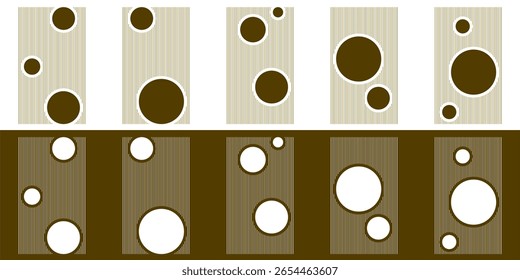 Minimalist geometric patterns with mid-century modern aesthetic, featuring simple circles on contrasting backgrounds. Perfect for contemporary design, abstract art, and retro-inspired projects.