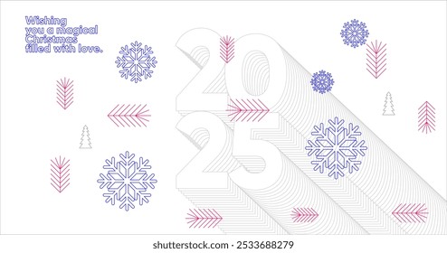 Cartaz geométrico minimalista para Natal e Ano Novo 2025 com tipografia arrojada, flocos de neve e padrões festivos abstratos. Apresenta detalhes em azul e rosa sobre um fundo branco limpo.