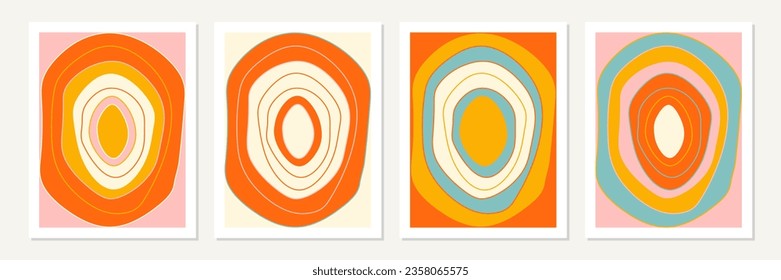 Minimalist geometric poster design. Mid century modern Bauhaus style inspired artwork. Vector abstract art set with circles in pastel pink, yellow, blue, orange and off white.