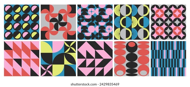 Minimalist geometric poster set with simple minimal vector pattern. Abstract shapes backgrounds in modern brutalist style. Trendy bauhaus patterns with retro elements, contemporary figures, bold forms