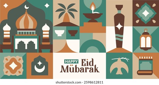 minimalist geometric ramadan pattern for banner and poster, eid mubarak illustration, ramadan kareem with pastel brown green color
