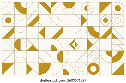 Minimalist geometric seamless pattern with abstract geometric shapes and forms in mustard yellow on light background. Ideal for modern design, wallpaper, cover or textile prints. Vector illustration