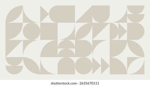 Minimalist geometric seamless pattern with abstract geometric shapes and forms in light brown on beige background. Ideal for modern design, wallpaper, cover or textile prints