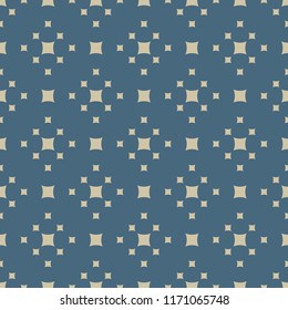 Minimalist geometric seamless pattern. Blue and gold background. Simple vector abstract texture with small golden squares. Minimal repeatable design for decor, prints, curtain, furniture, gift paper
