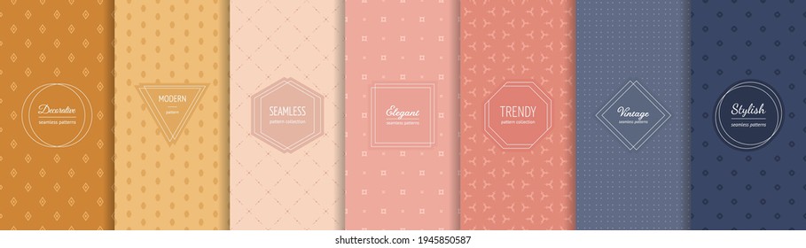 Minimalist geometric seamless pattern collection. Vector set of simple colorful background swatches with elegant minimal labels, frames. Abstract modern geo textures. Trendy pastel color palette